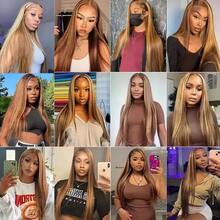 36 Inch Honey Blonde Ombre Lace Front Wig Human Hair Brazilian Virgin Straight Lace Front Wigs Human Hair 250% Density Colored Human Hair Wig 13x4 HD Lace Frontal Wig For Women 4/27 Colored Pre Plucked With Baby Hair - S4/27 - 查看 3