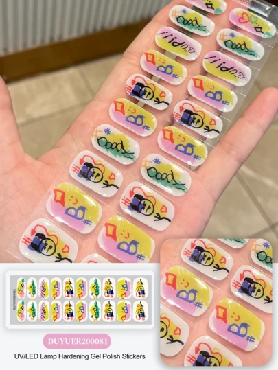 Cured Gel Nail Strips , Clear Base, 20 Pcs Gel Nail Wraps, Stickers, UV Light Required, Salon Quality, Long Lasting,ES20 Cross-Border Wholesale Drop Shipping Red Book Same Style Nail Stickers Nail Stickers For Fingertips Nails Nail Supplies