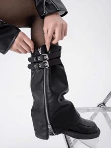polve Sexy Black Faux Leather Leg Warmers With Zipper & Buckle, Motorcycle Punk Style, Ins European And American Street Fashion (Fits Calves Up To 38cm) - Zipper Type - View 2