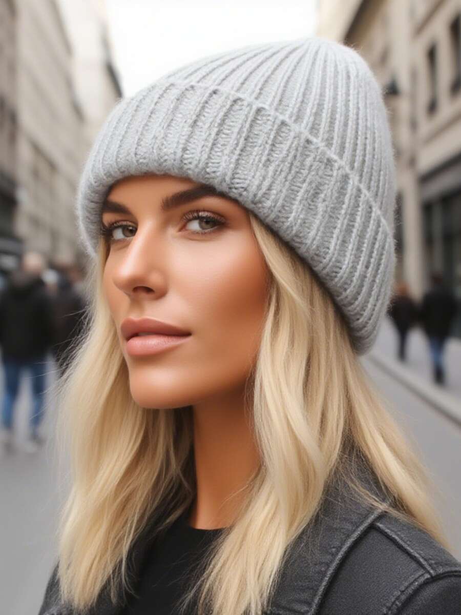 1pc White Knitted Cuffed Beanie, Soft & Warm Knit Hat For Women - Dark Grey - View 1