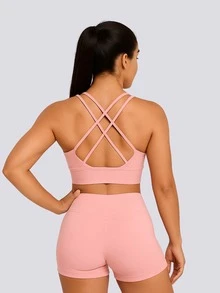 Conjunto Academia Top E Short Fitness Kit Roupa Com Shorts - Rosa Bebê - Visão 8