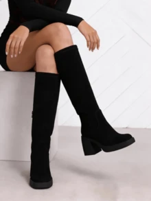 2025 New Fall Fashion Knee High Boots For Women Thick Heel Solid Color Side Zipper Square Toe Comfortable Classic Wide Calf Boots Winter Party Motorcycle Nightclub Shoes - 黑色絨面革 - 查看 3
