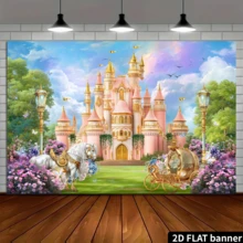 Telón de fondo de castillo de princesa de cuento de hadas, incluye castillo rosa y dorado, flores y mariposas de colores, material de poliéster duradero, sin necesidad de energía, adecuado para fiestas de cumpleaños con temática de princesa, uso en interiores y exteriores, se puede usar como decoración de pared, suministros para fiestas, se adapta a reuniones en el hogar, escenas de habitación de niña, crea una atmósfera de princesa soñadora - Multicolor 2 - Ver 4