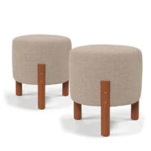 Ki Set Of Puff For Living Room/Office, Upholstered In Linen, With Solid Wood Legs - 米色 - 查看 4