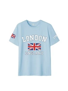 夏季女士伦敦字母旗帜印花圆领短袖T恤，休闲宽松百搭度假风上衣，适合假日和夏季时尚穿着 - 淺藍色 - 查看 3