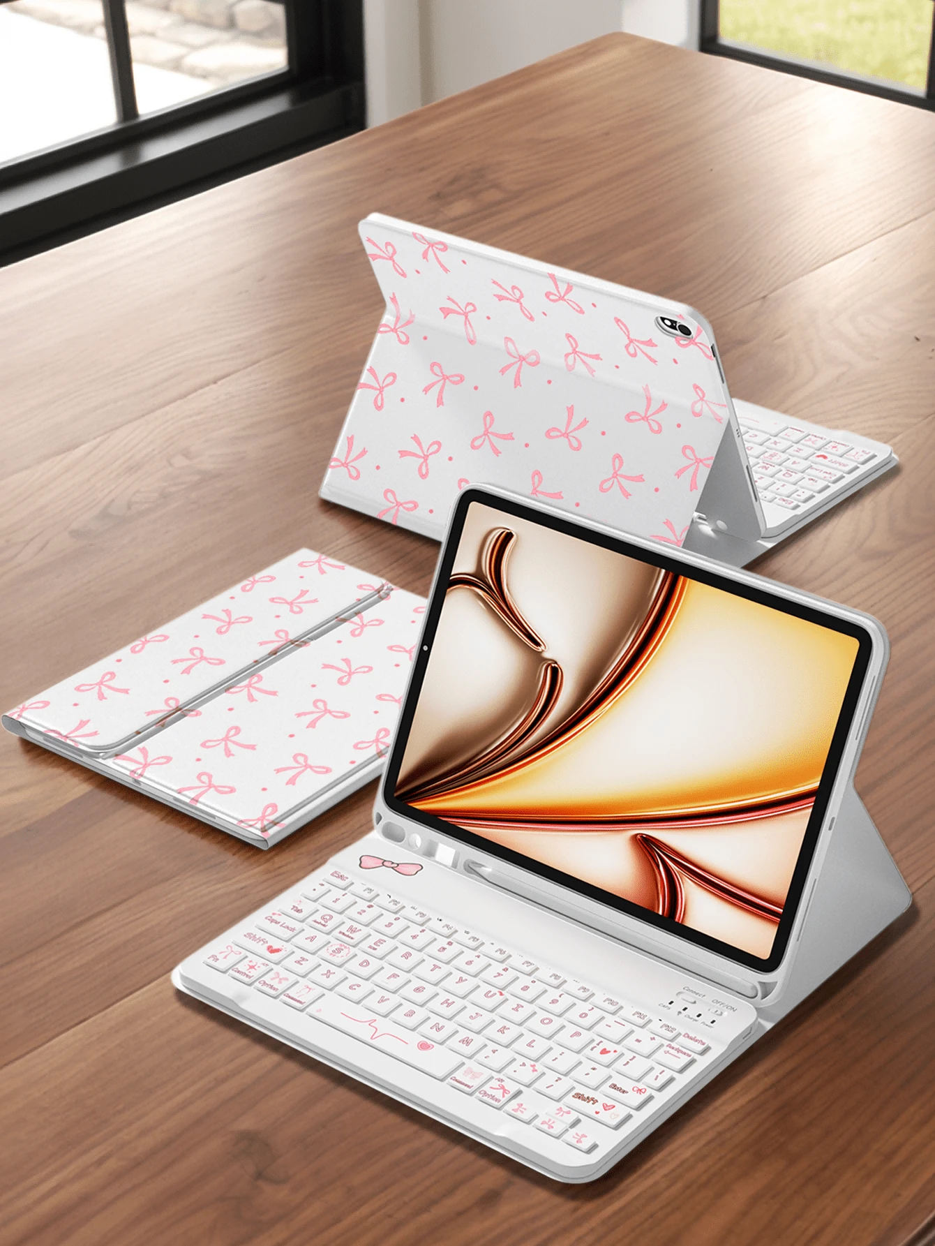 Bowknot Pattern Keyboard Protective Case, Suitable Compatible With Samsung Galaxy Tab, Pad SE, With Detachable Wireless Bluetooth Keyboard And Apple Pencil Storage Slot (Apple Pencil Not Included), Ultra-Thin Lightweight Stand Protective Case, Protective Case - Bow - View 1