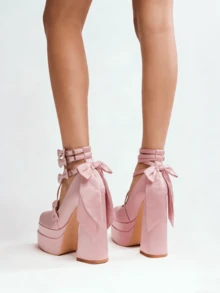 Women's Cute Lolita Platform Mary Jane Pumps Buckle Bowknot Chunky Block Heels Elegant Party Shoes - 粉色 - 查看 6