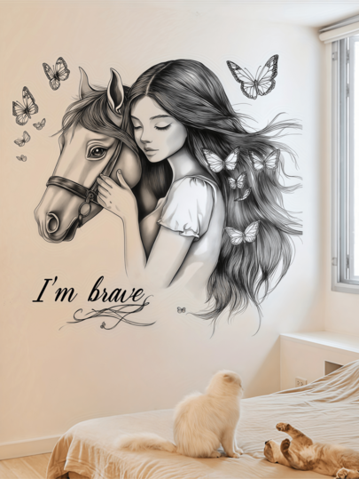 Charming Woman And Horse Wall Decal Removable Semi-Matte Self-Adhesive Wall Stickers, Suitable For Living Rooms, Bedrooms, And Children's Rooms. Home Decor Stickers, Wall Decals, Vinyl Stickers, Spring Decorations, Adding Vibrancy To Your Home. Rama Decorative Sticker Gift, Birthday And Graduation Present.