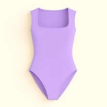 Women's Tank Top Bodysuit With Square Neckline,  Blogger Style, Summer 2026, Casual, No Back, Beach Vacation - 紫丁香色 - 查看 6