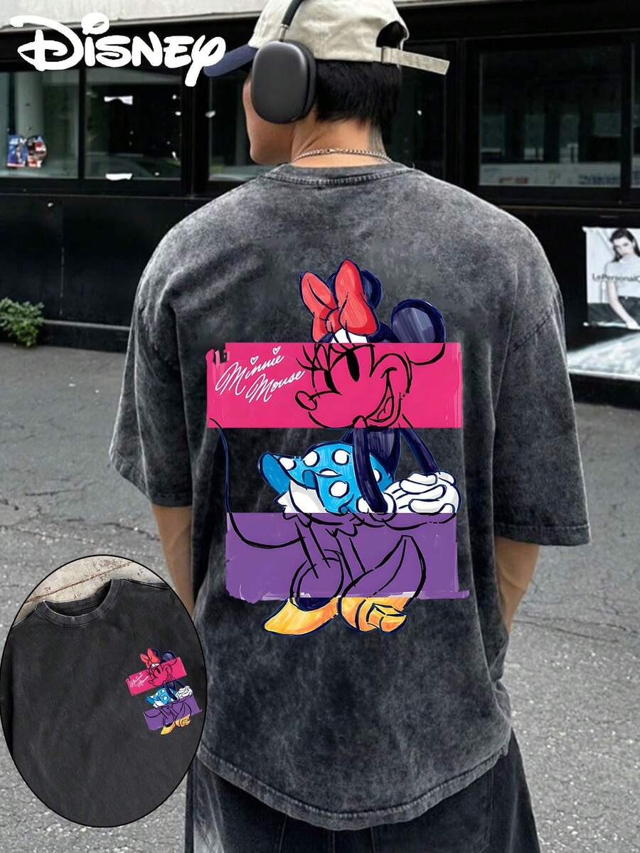 Disney UNIHLO   Mickey   Printed Summer Heavyweight Retro Washed Street Fashion Casual T-Shirt - Black - View 1