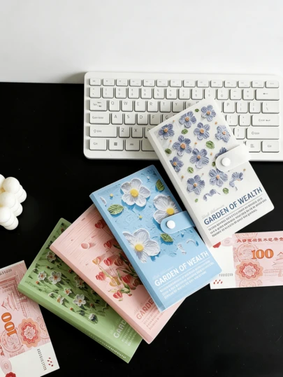 Libreta de ahorro estudiantil Floral Fantasy: Libreta de almacenamiento de efectivo con patrón de jardín de riqueza, portátil y elegante