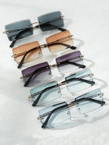 5副/2副/1副长方形无框装饰眼镜，百搭个性街头时尚眼镜，男女皆宜，大框显瘦，日常生活及户外旅行必备单品 - 彩色 - 查看 14