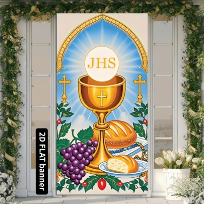 1幅2D平面印刷宗教派对横幅，35x70英寸，耐用涤纶材质，圣诞节和复活节装饰，图案包括十字架、圣杯、葡萄和金色、蓝色、紫色字母JHS，适用于室内外门窗和墙壁。
