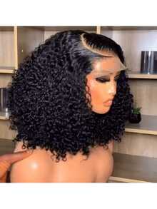 MECRY 优雅女士黑色卷发假发 - 蓬松非洲式发型，短款弹力卷发，180% 密度，13x4 蕾丝前额，高温丝，适合所有肤色，逼真发片|时尚短款假发|纹理假发，假发配件 - 自然色&黑色系 - 查看 5