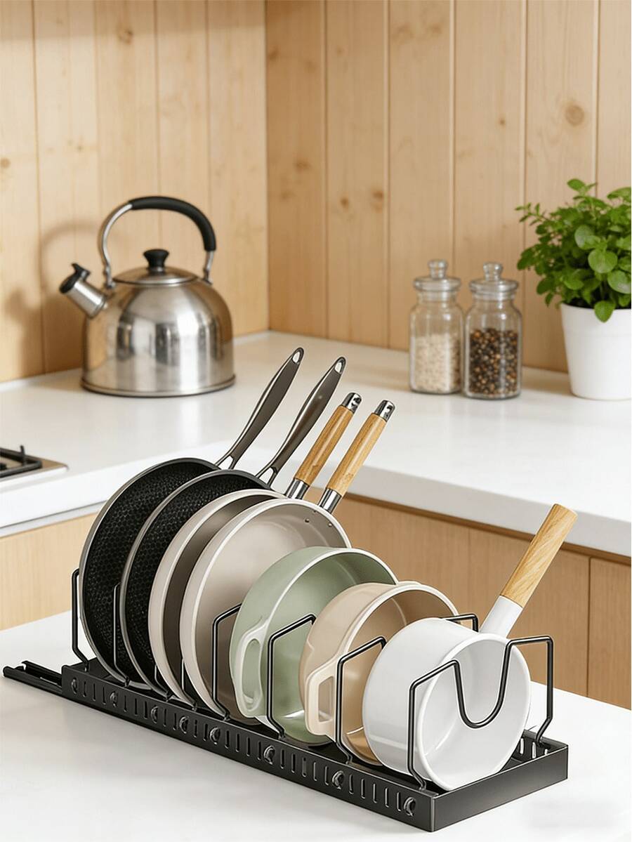 [Expandable Organizer With Utensil Rack] 2pcs  Expandable Kitchen Organizer With Pot Lid Holder, Utensil Rack, Dish Drainer & Pull-Out Drawer - Space-Saving Storage Solution - Black - View 1