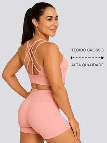 Conjunto Academia Top E Short Fitness Kit Roupa Com Shorts - Rosa Bebê - Visão 4