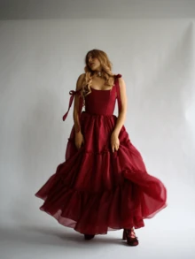 Maxi A Line Dress For Women Sleeveless Tie Shoulder U-Neck Split Hem Cross Bandage Ball Gown - 酒紅色 - 查看 2