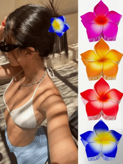 1pc/6pcs Floral Print Casual ABS Plastic (ABS Resin) 2026 New Hot Selling Plumeria Hair Clips, Suitable For Vacation, Travel, Party, Birthday, Office, Beach, Bun Hairstyle, Hair Claw Combination Set
