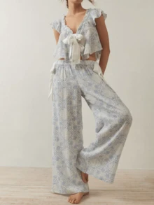 Women's Retro Printed Lace Up Pajamas 2 Piece Set V Neck Short Sleeve Ruffle Tops Elastic Wide Leg Pants Autumn Casual And Comfy Home Set For Loungewear Soft Sleepwear - 天藍 - 查看 9