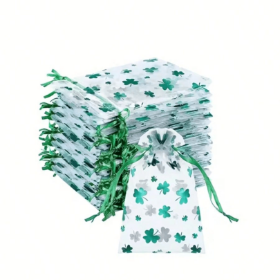 5/10/15/20 Gift Bags With Drawstring Closure – Transparent Chiffon With Irish Shamrock Design For Party Favors And Supplies, Featuring Shamrocks And Green Ribbon Accents, Holiday Packaging | Shamrock Pattern | Durable Gift Bags