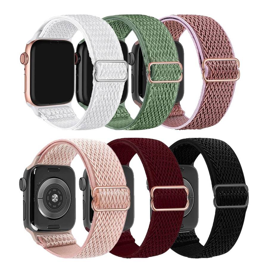 6条/套编织单环表带，兼容 Ultra 38mm 40mm 41mm 42mm 46mm 44mm 45mm 49mm，男女通用；18mm 20mm 22mm通用尼龙弹力表带，兼容三星Galaxy Watch/Garmin Watch/Amazfit Watch/Redmi Watch；柔软可调节尼龙透气运动表带，兼容Fitbit Versa2 Versa3 Versa4