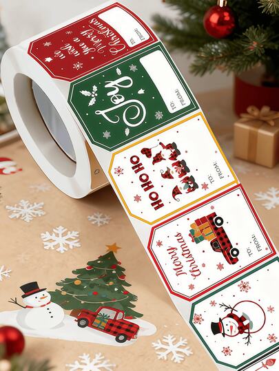 100 st/rulle julklappsetiketter, självhäftande kreativ design, lätta att applicera, pappersetiketter, perfekta för julklappsförpackningar och evenemangsdekorationer