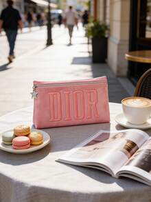 Christian Dior Materiel Pink Velvet Makeup Pouch, Makeup Bag, Sueded Cosmetic Bag With Embossed DIOR Letters, Star Charm & Signature CD Lining - Pink - View 1