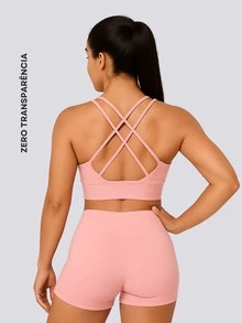 Conjunto Academia Top E Short Fitness Kit Roupa Com Shorts - Rosa Bebê - Visão 3