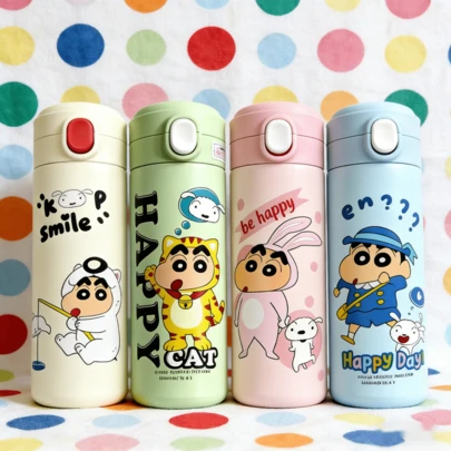 Shin-Chan Milk Pudding Insulated Cup Stainless Steel Bottles Cartoon Patterned Milk Coffee Cup Travel Outdoors Sports Cup Perfect Festival Gift 450ml/15.2oz
