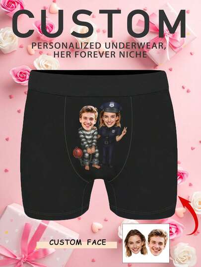 1pc Customized Comfortable Couple's Boxer Briefs. This Men's Underwear Features A Couple's Portrait Print, Personalized Graphic Design, Casual And Comfortable, Suitable For Role-Playing, Fashionable Gift, Surprise For Girlfriend On Anniversary, Also An Ideal Choice For Home Wear.