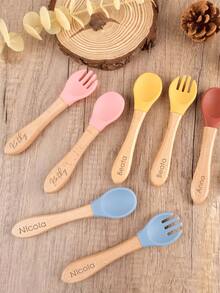 Customized Text Logo Fork & Spoon Set, Silicone Utensils With Wooden Handles, Personalized Name Engraved, Vibrant Colors Suitable For Young People, Durable Cutlery - Multicolor - View 4