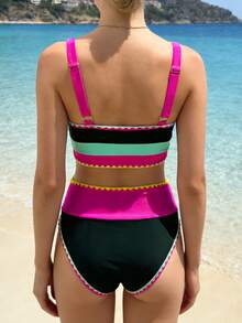 Women's High Waisted Bikini Set Fashion Contrast Color Sporty Two Piece Tummy Control Bathing Suit For Beach Pool - Black - View 6