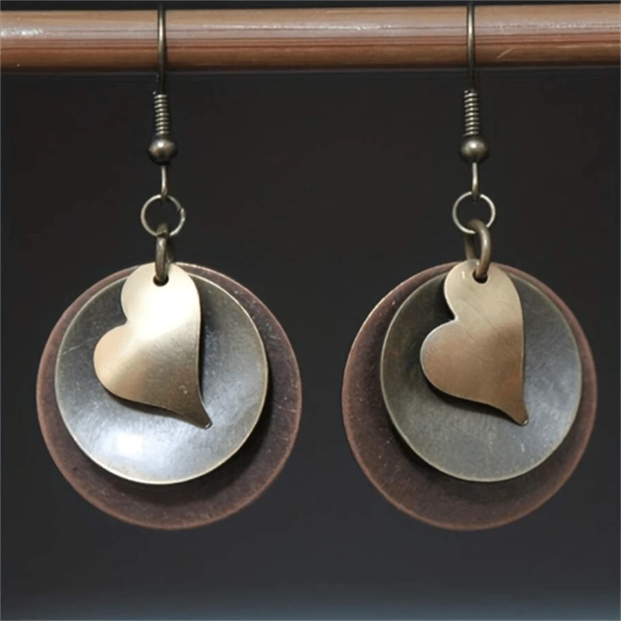 1 par de pendientes bohemios vintage con colgante redondo multicapa con forma de corazón, joyería de moda para mujer, regalo para boda o fiesta - Bronce - Ver 1