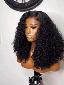 MECRY 优雅女士黑色卷发假发 - 蓬松非洲式发型，短款弹力卷发，180% 密度，13x4 蕾丝前额，高温丝，适合所有肤色，逼真发片|时尚短款假发|纹理假发，假发配件 - 自然色&黑色系 - 查看 3