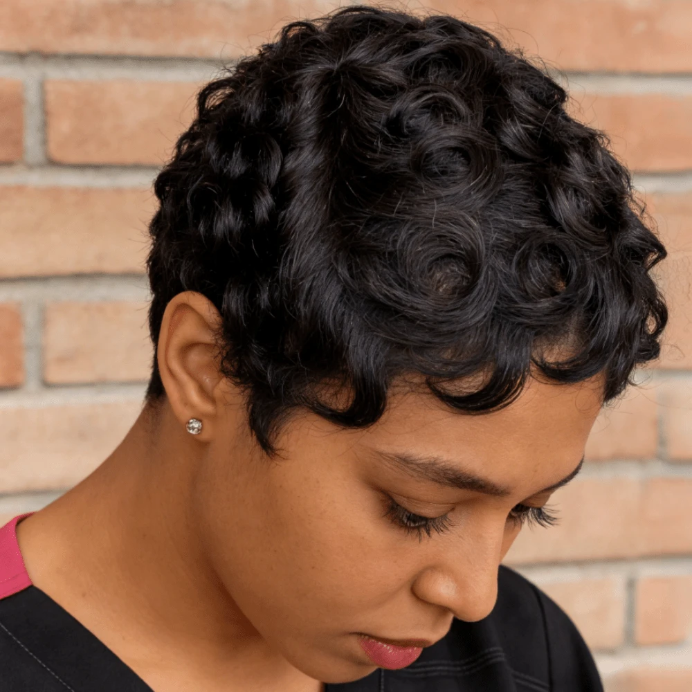 Women's Remy Human Hair Pixie Cut Wig - Short Wave With Bangs, 150% Density Full Machine Made Rose Net Cap Everyday & Special Occasion Hairstyle - SNatural - View 1