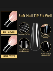 120片/盒 超长透明无缝假指甲片，12种尺寸和3种形状（棺材形/尖头形/方形），通用型，适合家庭DIY美甲和专业美甲沙龙使用 - 彩色 - 查看 2