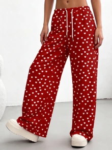 情人节红色爱心印花阔腿运动裤，可爱抽绳家居裤，送给女朋友的春季礼物 - 彩色 - 查看 4