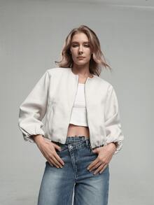 HZXVIC 女士纯色罗纹拉链口袋休闲柔软飞行员夹克，秋季款 - 米色 - 查看 5