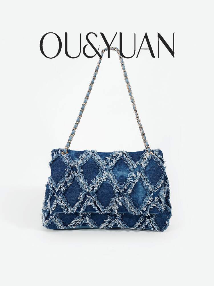 2026新款复古做旧牛仔布女包，菱形编织磨损设计，金属链条单肩斜挎包，时尚休闲日常约会包 - 藍色 - 查看 8