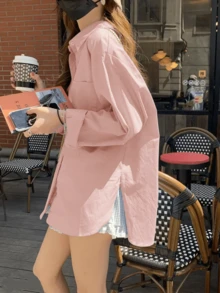 新款宽松蓝色女式衬衫，独特设计休闲外套上衣，春秋季打底长袖上衣粉色 - 粉色 - 查看 9