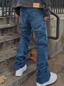 Quần jeans ống loe dáng ôm màu đen bạc cổ điển dành cho nam, phong cách đường phố Mỹ, sạch sẽ. - Màu xanh lam - Xem 2