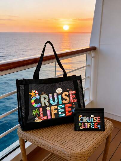 Bộ 2 túi lưới đi biển dung tích lớn | Túi lưới gấp gọn chống thấm nước, chống cát với họa tiết du thuyền và túi đựng mỹ phẩm đi kèm | Túi thoáng khí, nhẹ, có thể tái sử dụng cho bơi lội, hồ bơi và bãi biển | Nhiều ngăn trang trí chữ cái để đựng khăn tắm, kem chống nắng, đồ bơi và mỹ phẩm | Túi đi biển du lịch hoàn hảo, vật dụng cần thiết cho mùa hè và món quà tuyệt vời dành cho phái nữ