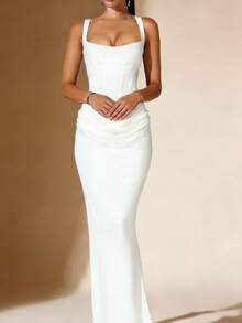 Fitted Fishbone Halter Maxi Dress, Slim-Fitting Solid Color Bodycon Dress, Suitable For Formal Occasions Such As Weddings, Parties, Banquets, And Evening Gowns With Long Trains. - 白色 - 查看 4