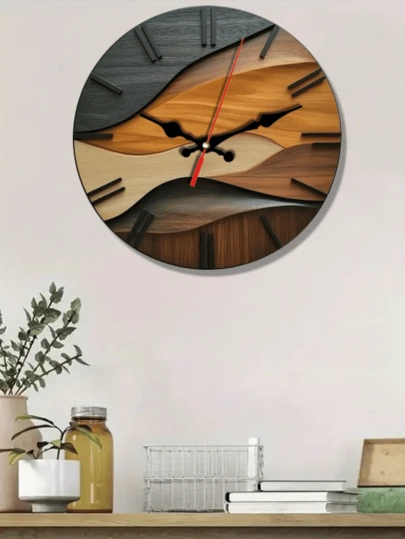 1 pieza Reloj de pared redondo de madera artístico de 10/12 pulgadas, diseño de paisaje de bosque, río y puesta de sol de grano de madera, silencioso sin tictac, decoración del hogar hecha a mano, regalo de vacaciones/cumpleaños (baterías no incluidas)