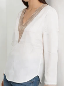 New Women's V-Neck Long Sleeve White Blouse, Elegant & Fashionable Casual Satin Chiffon Top - White - View 5