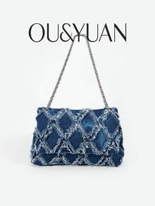 Borsa di jeans vintage consumata da donna, modello 2026, nuova collezione, con design intrecciato a diamante, catena borsa a tracolla e a tracolla, elegante e casual, adatta per uso quotidiano e appuntamenti - Blu - Visualizzare 1