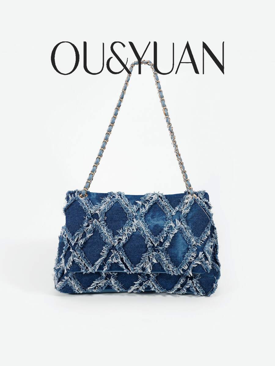 Borsa di jeans vintage consumata da donna, modello 2026, nuova collezione, con design intrecciato a diamante, catena borsa a tracolla e a tracolla, elegante e casual, adatta per uso quotidiano e appuntamenti - Blu - Visualizzare 1