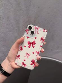 1pc Minimalist Personalized Pink Bow Heart Pattern Transparent Soft Phone Case, Anti-Slip Anti-Drop Anti-Yellow Lightweight Full Coverage Soft Shell Compatible With Apple Phones - Multicolor - View 6
