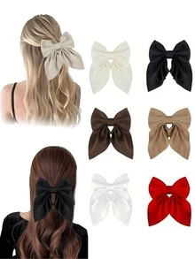 6 件装女士发饰蝴蝶结，缎带蝴蝶结发夹，短尾法式发夹，丝滑大蝴蝶结发饰，适合马尾辫，时尚简约，情人节斋月发饰（黑色蝴蝶结、白色蝴蝶结、红色蝴蝶结） - 彩色 - 查看 6