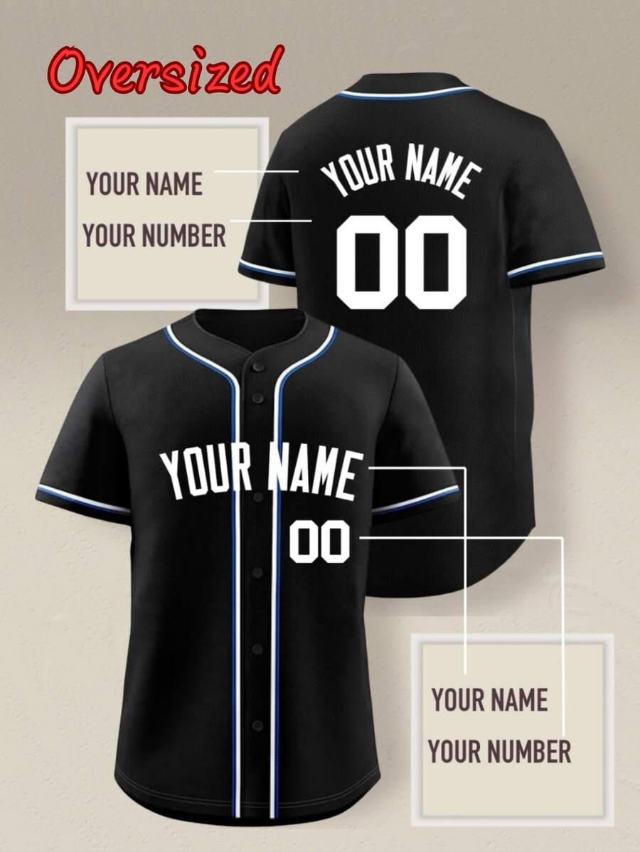 Customizable Plus Size Men's Black Baseball Jacket, Can Print Personal Name, Number And Team Name, Free Design, Fast Delivery, Suitable For Outdoor Sports, Casual Daily Wear, Gatherings Summer - màu đen - Xem 1